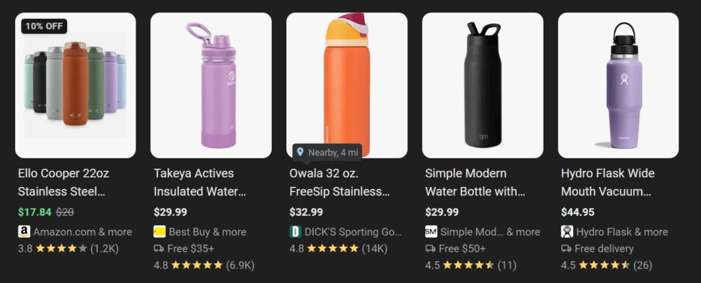 Anúncios de compras do Google para garrafas de água isoladas