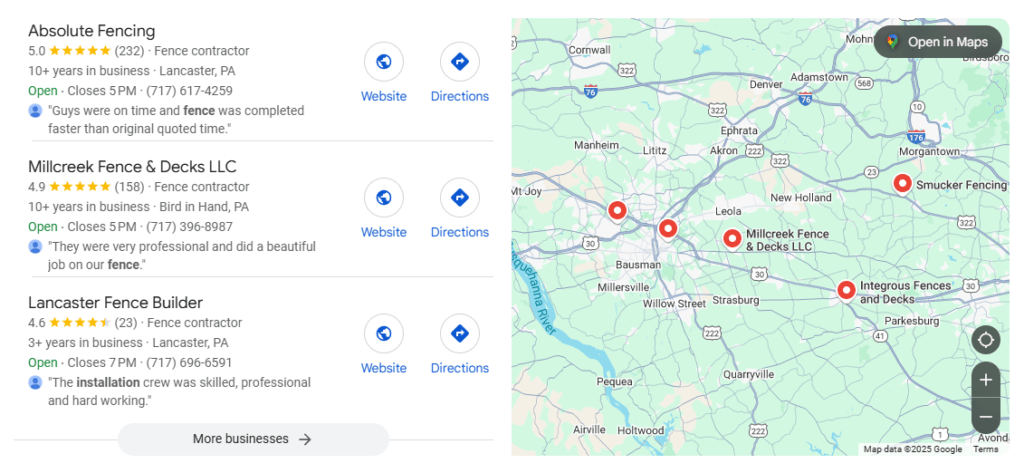 Resultados da pesquisa local para empresas de cerca