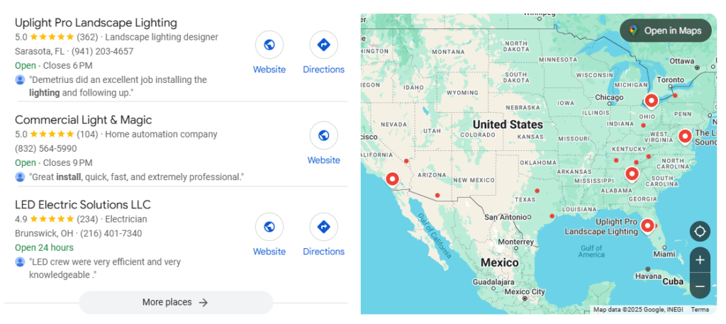 Pesquisa do Google para instalação de iluminação comercial