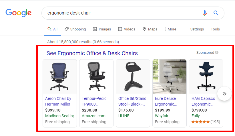 Anúncios de compras do Google para cadeiras ergonômicas