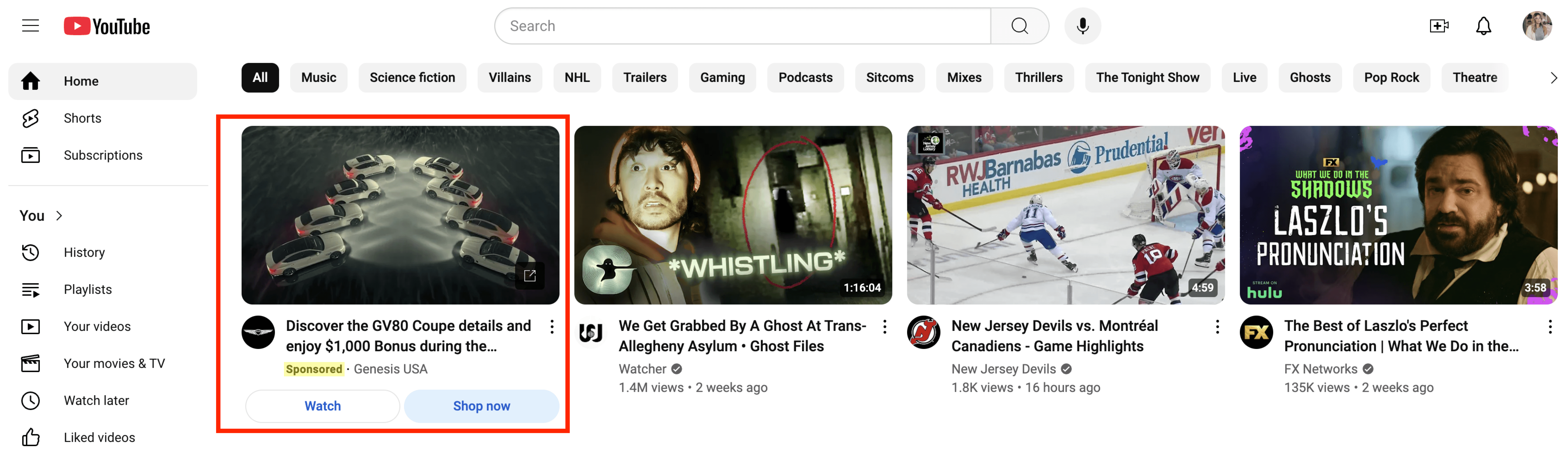 Exemplo de um anúncio de vídeo no YouTube na página inicial
