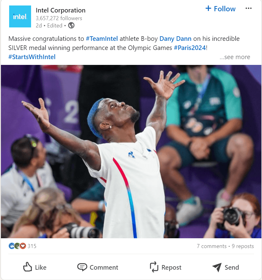 LinkedIn post da Intel sobre as Olimpíadas