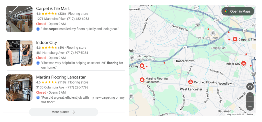 Resultados do mapa local para lojas de pisos