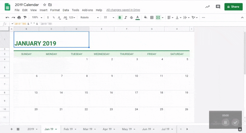 Exemplo de calendário Folhas do Google