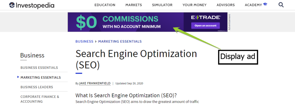 Exibir anúncio do site ETRADE no investimento