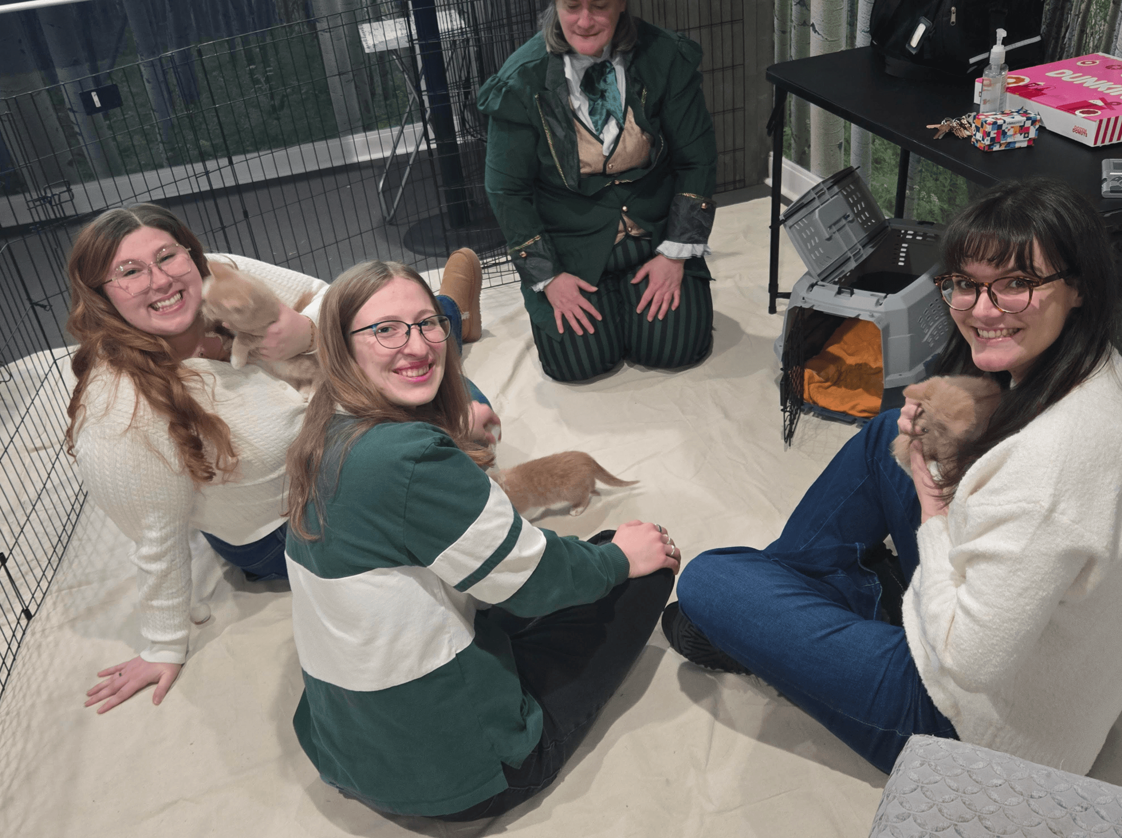 Pessoas sentadas no chão de um quarto acariciando gatos