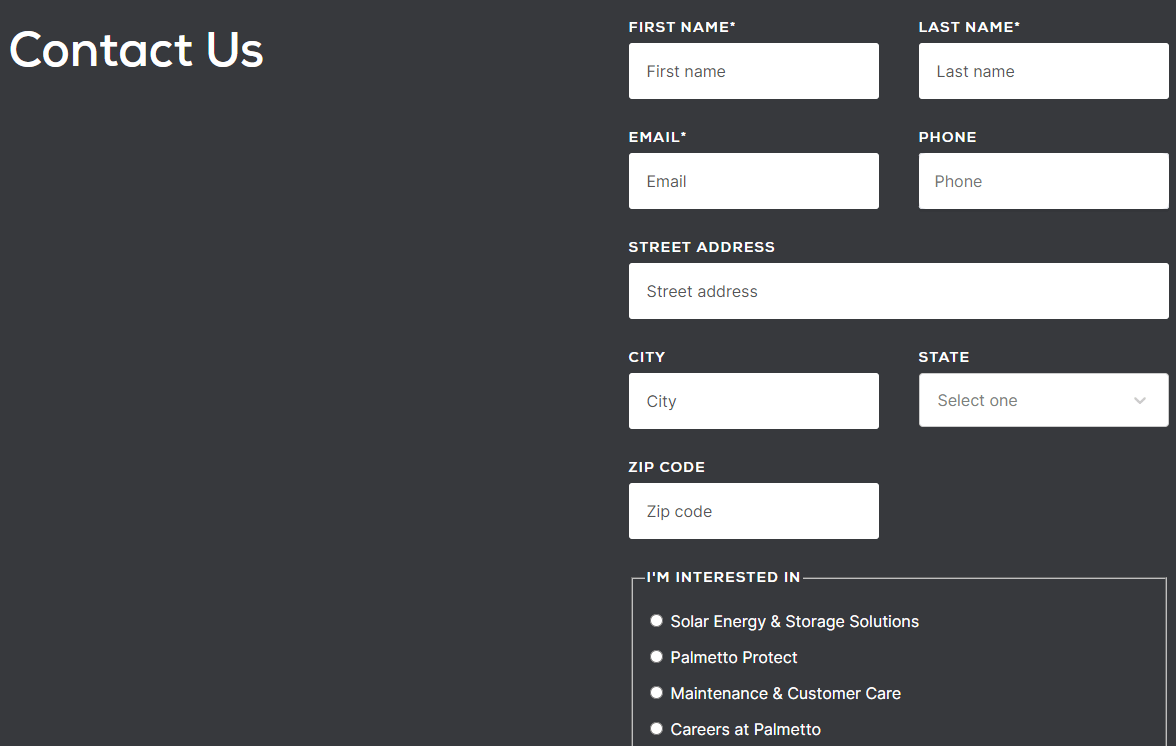 Formulário de contato de envio de energia solar