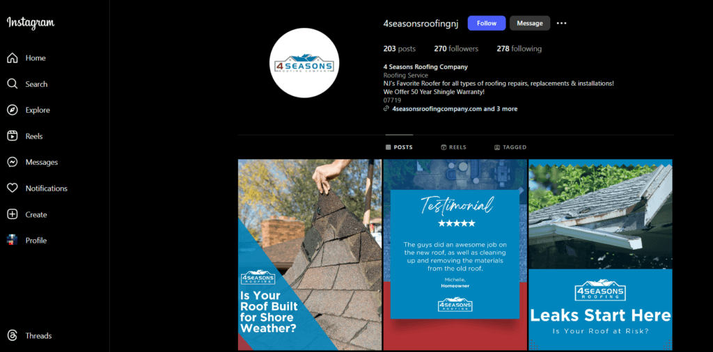 Grade do Instagram da empresa de coberturas