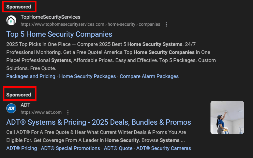 Anúncios de segurança doméstica nos resultados da pesquisa do Google