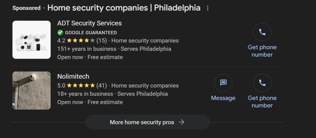 Anúncios de serviços locais do Google para segurança doméstica
