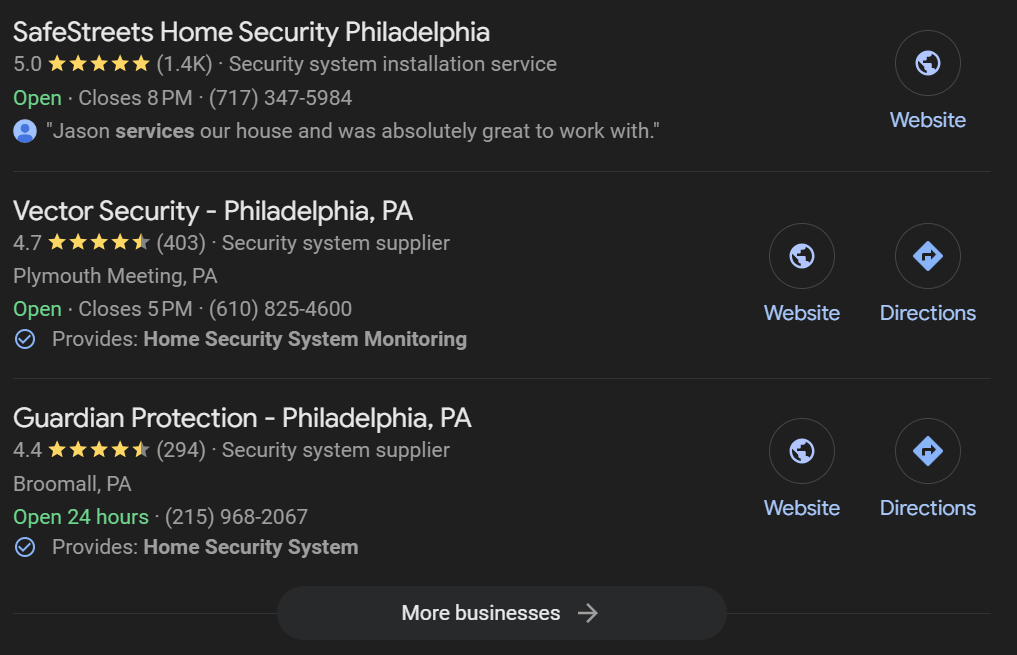 Lista de perfil de negócios do Google de segurança doméstica