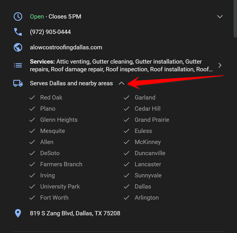 Exemplos de área de serviço de cobertura
