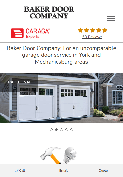 Versão móvel do site da Baker Door Company