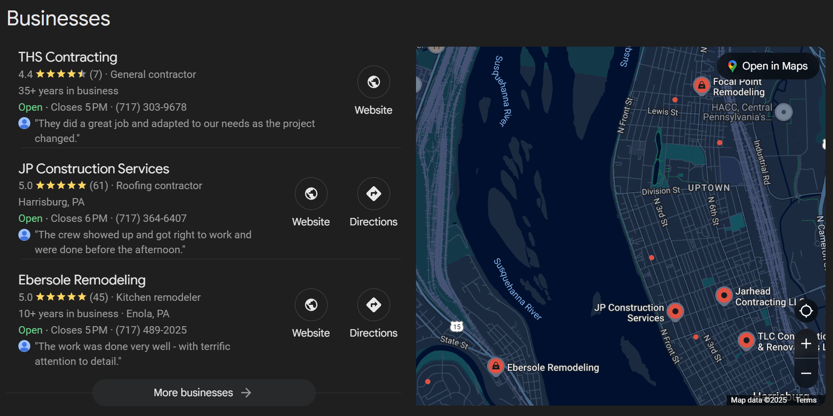 Listagens de perfis de negócios do Google para empreiteiros locais
