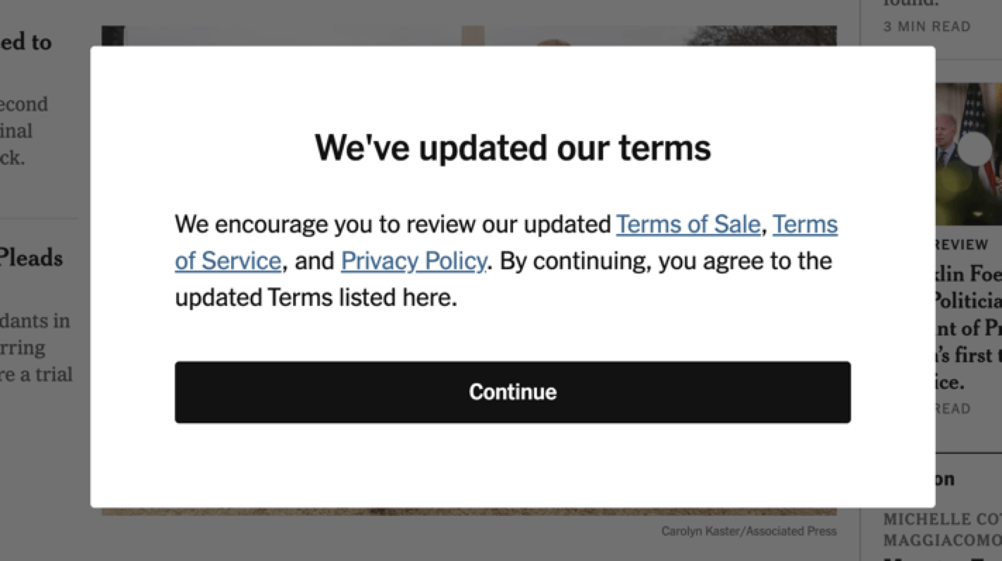 Captura de tela da notificação de termos atualizados do New York Times