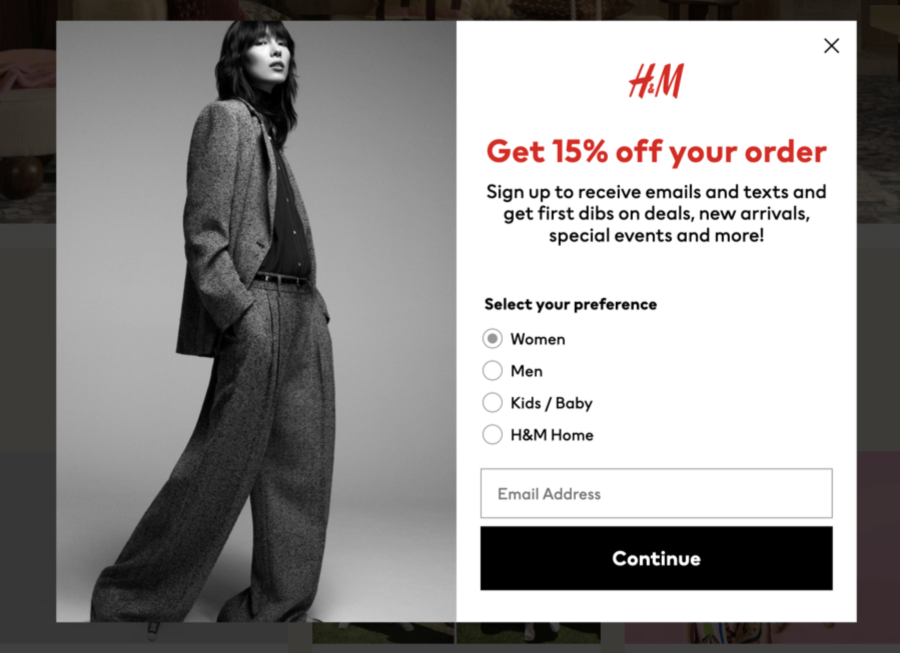Captura de tela do formulário de envio de e -mail da H&M