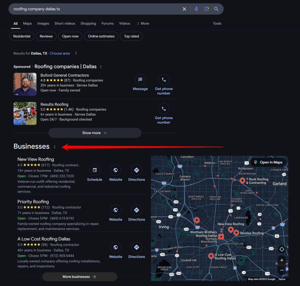 Listagens locais no Google para empresas de cobertura