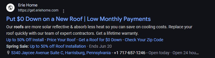 Anúncio de cobertura nos resultados de pesquisa do Google