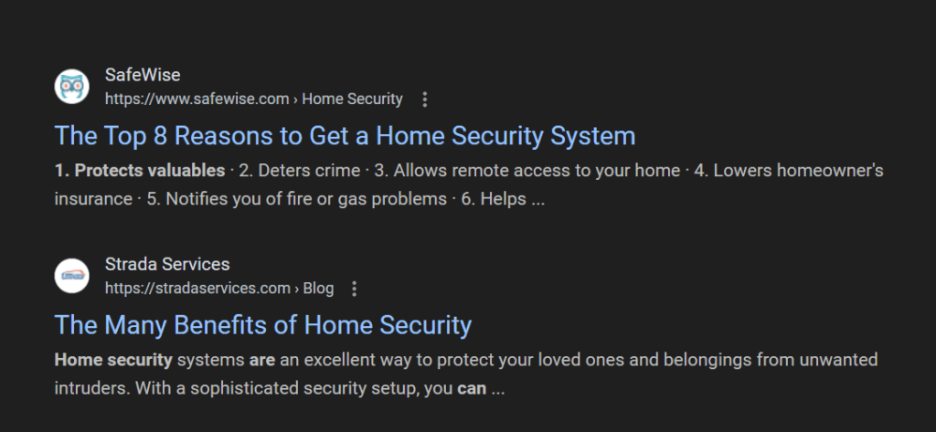Listagens de SEO para por que a segurança doméstica é importante