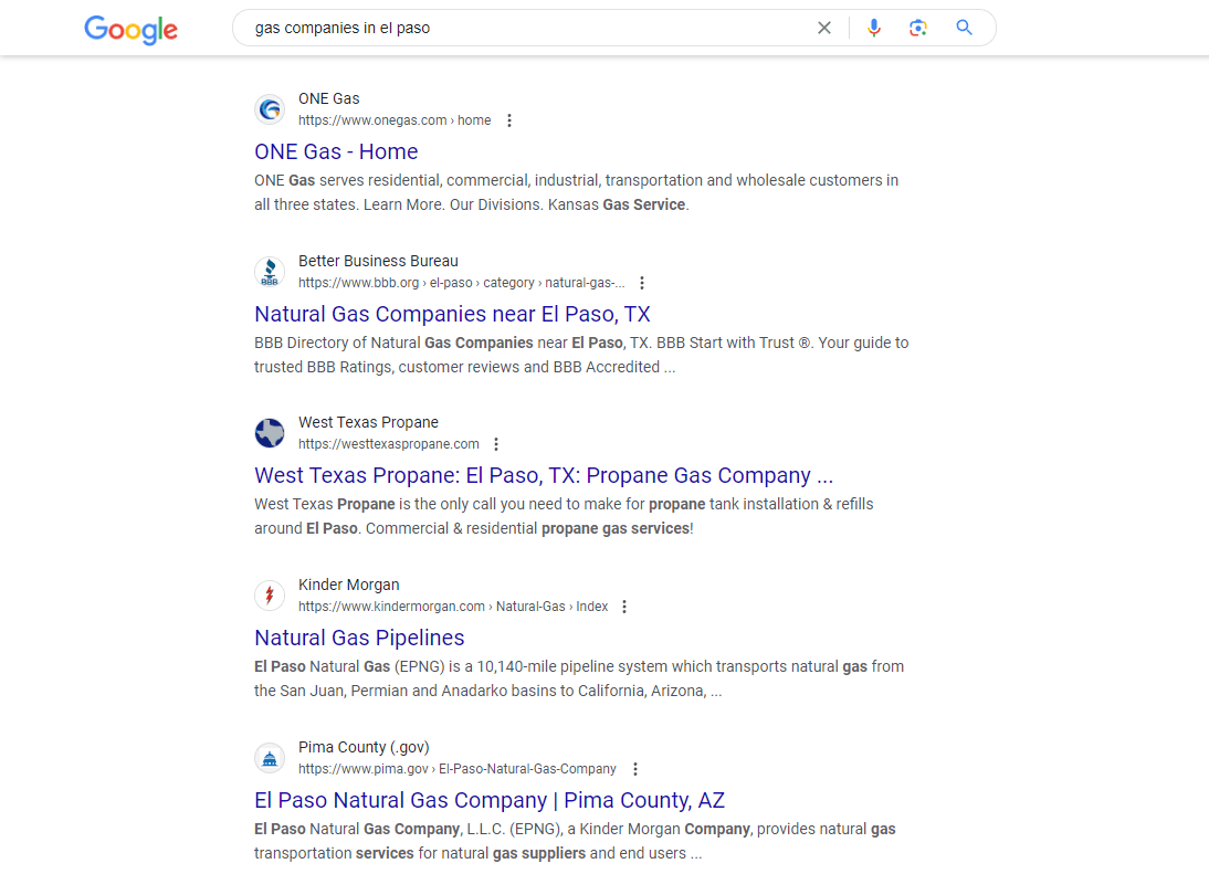 Empresas de gás no resultado de pesquisa de El Paso