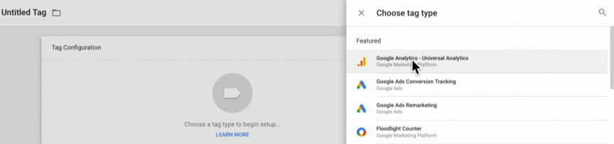 Menu de tag no Google Tag Manager