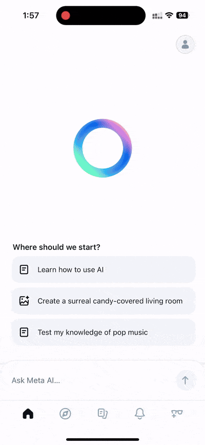 Uma gravação de tela móvel mostrando a aparência do aplicativo Meta AI, seus recursos e como ele funciona.
