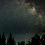 Visão do céu noturno cheio de estrelas e com prédios ao fundo