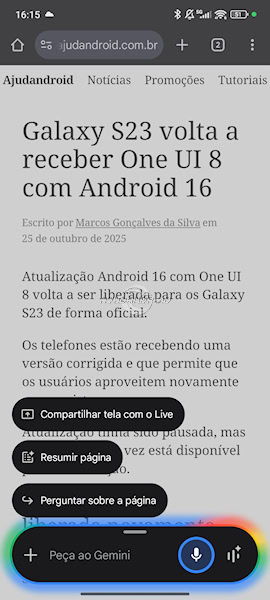 Gemini no Chrome, atalho de resumir página