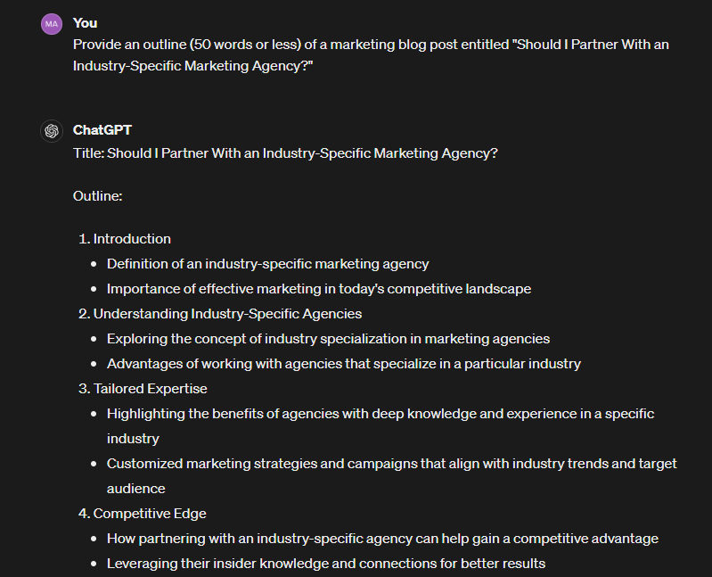 exemplo de prompt de esboço de postagem no blog chatgpt