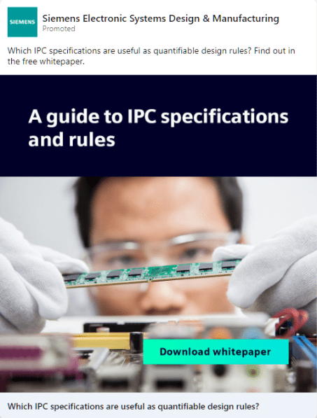 Anúncio do LinkedIn para whitepaper de eletrônica da Siemens apresentando técnico em equipamentos de segurança trabalhando com circuitos, inclui botão de download