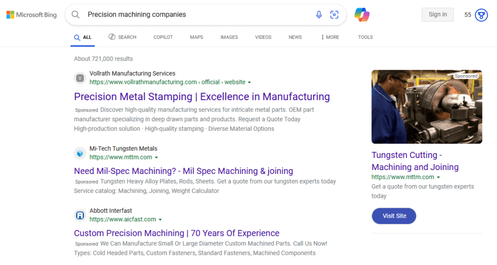 Resultados de pesquisa do Bing para empresas de usinagem de precisão com anúncio patrocinado destacando serviços de corte e usinagem de tungstênio