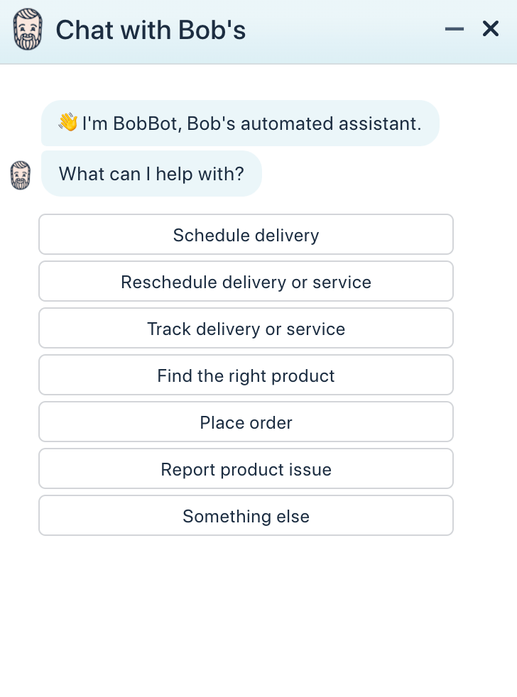 Chatbox da Bob's Furniture mostrando opções de como começar a conversar