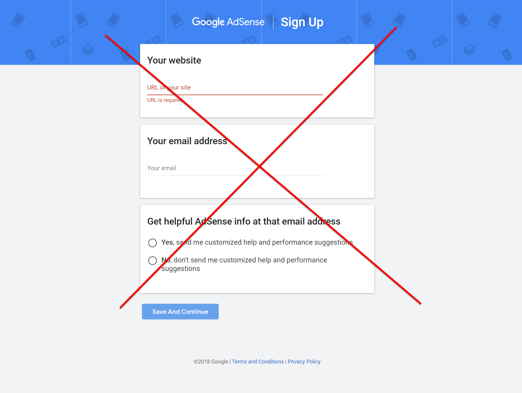 Site normal do AdSense com um X