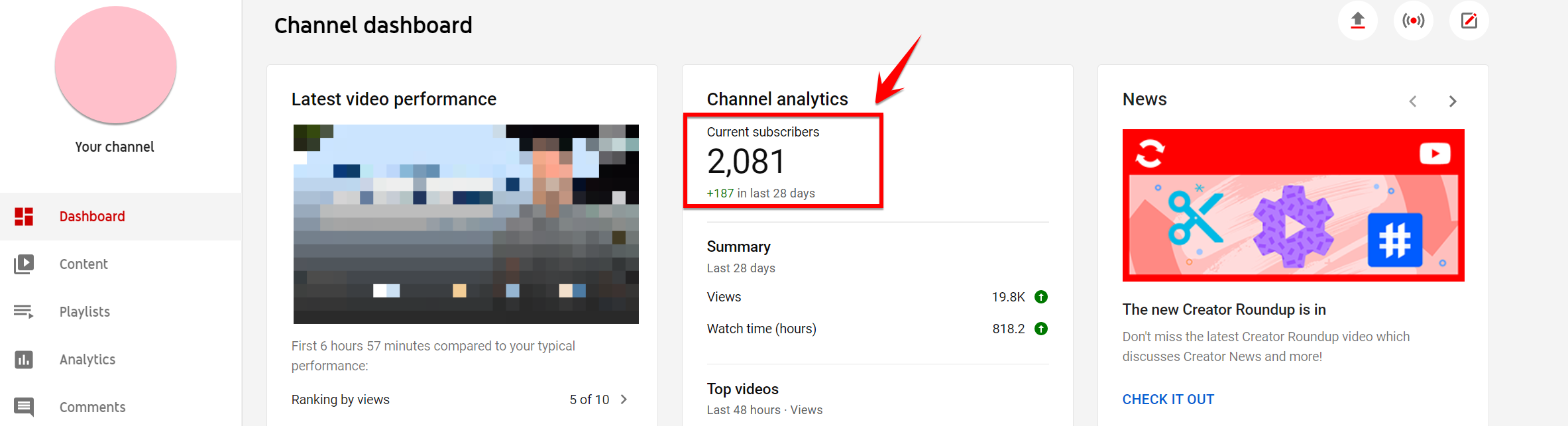 Contagem de inscritos no YouTube Studio