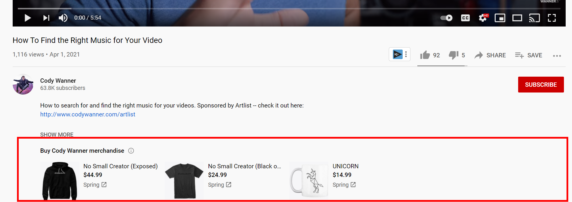 Estante de produtos do YouTube