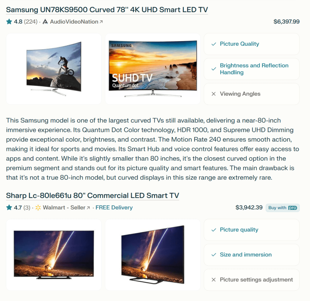 Resultado do Perplexity Shopping para TVs