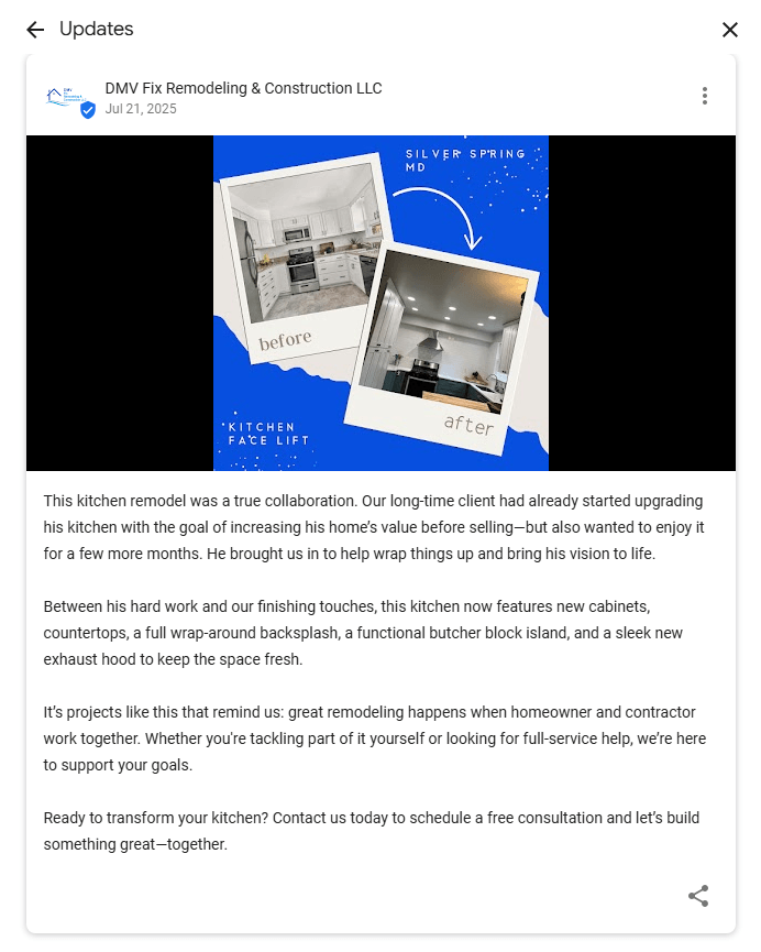 Postagem de remodelação de cozinha antes e depois da DMV Fix Remodeling mostrando a reforma de Silver Spring com o logotipo da empresa