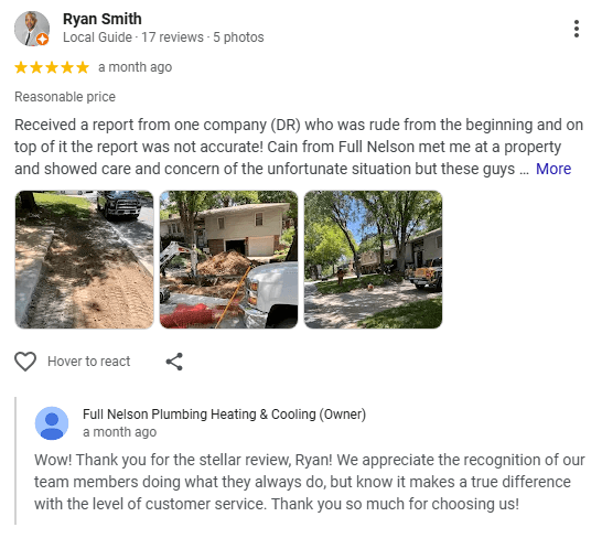 Seção de revisão do perfil da empresa no Google para Full Nelson Plumbing Heating & Cooling, mostrando comentários e classificações dos clientes