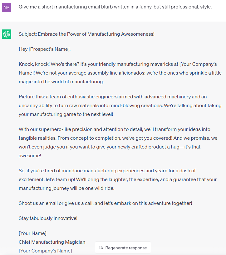 Um exemplo de e-mail de fabricação elaborado por ChatGPT