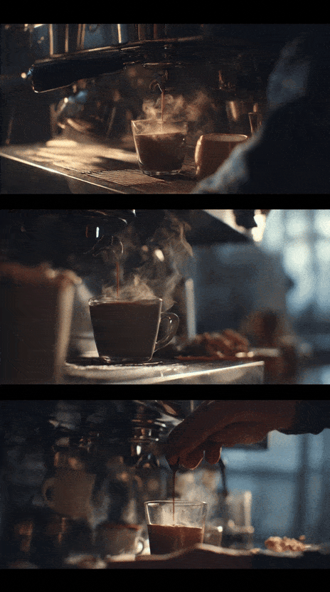 Um GIF mostrando um resultado do Meta Vibes, que, quando solicitado a criar “uma montagem de abertura de uma cafeteria ao nascer do sol”, e o resultado parecia cinematográfico a princípio, até que as xícaras começaram a desaparecer e as mãos do barista se transformaram no meio do serviço. 