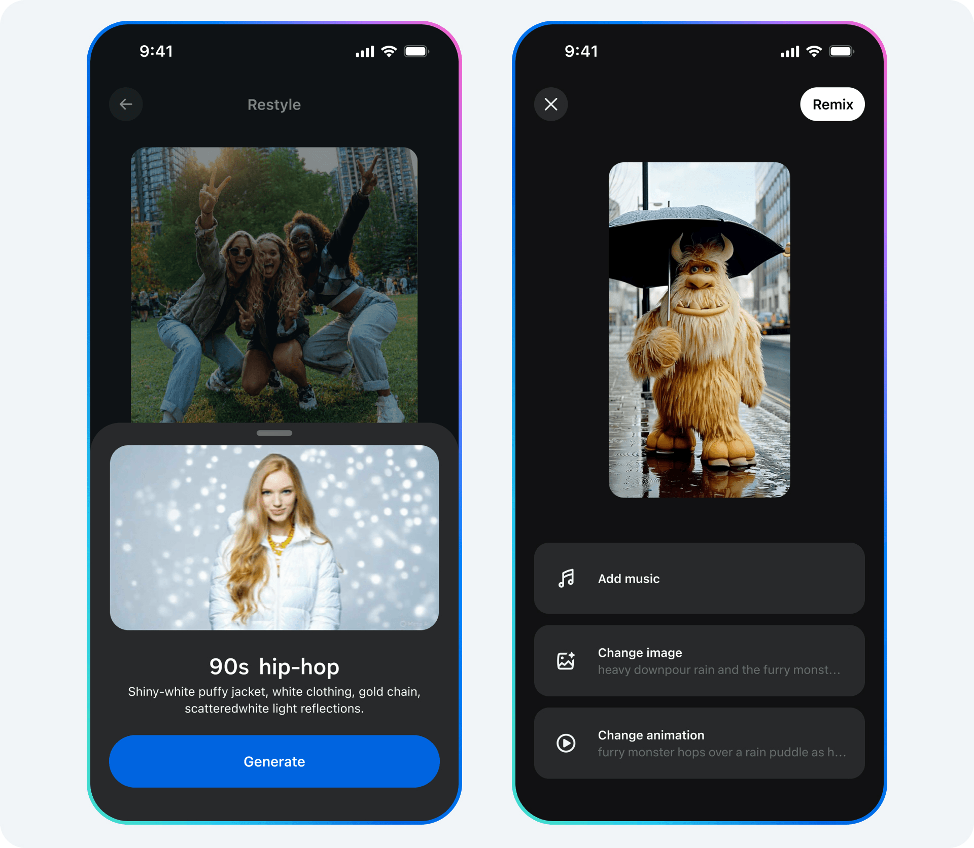 Uma captura de tela do Meta Vibes mostrando como cada clipe é gerado pelo crescente conjunto de ferramentas criativas de IA do Meta, projetadas para tornar a produção de vídeo tão fácil quanto digitar uma ideia.