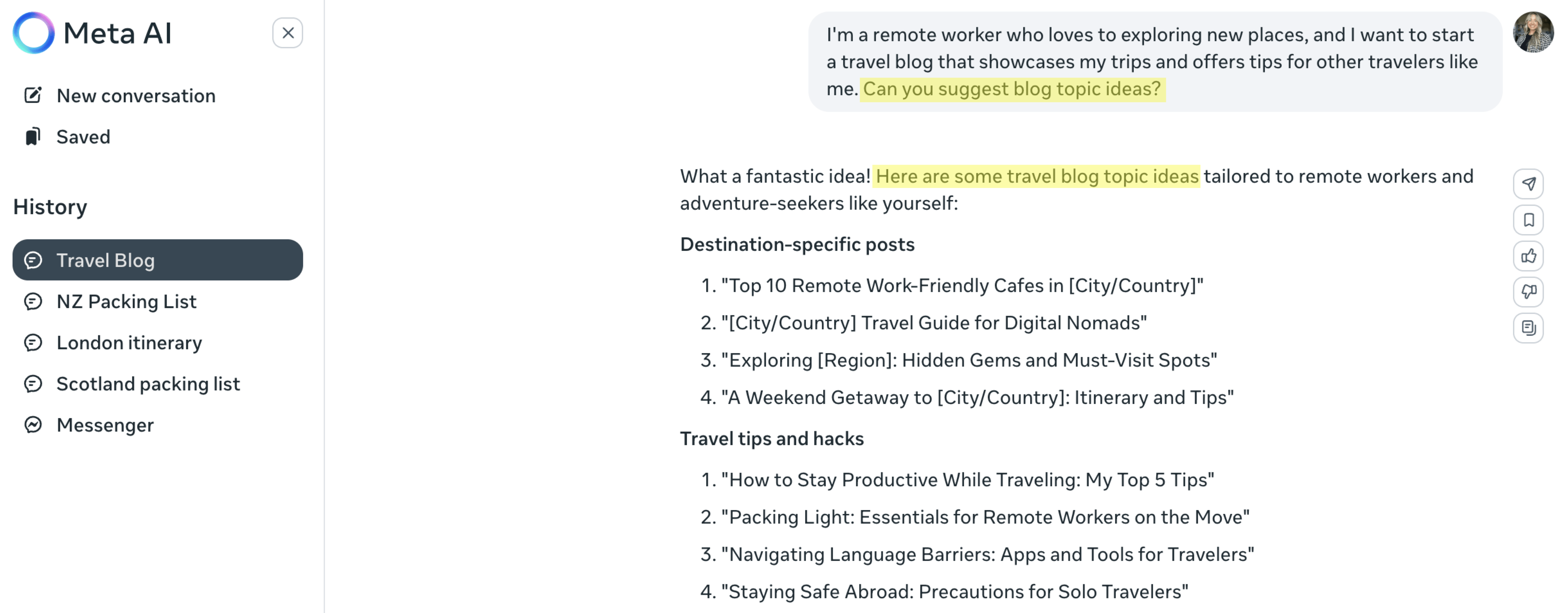 ideias de conteúdo geradas por meta AI