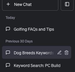 Consultas anteriores na barra lateral 
