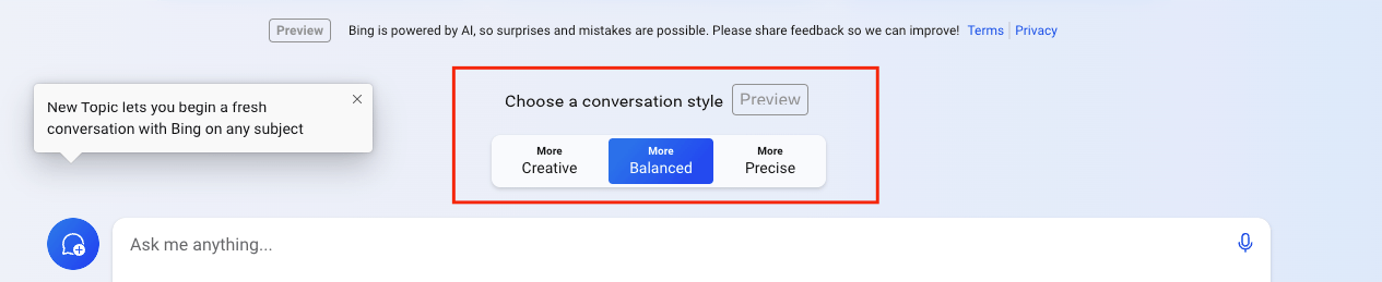 Três funções de bate-papo no bate-papo do Bing AI –– mais criativo, mais equilibrado e mais preciso