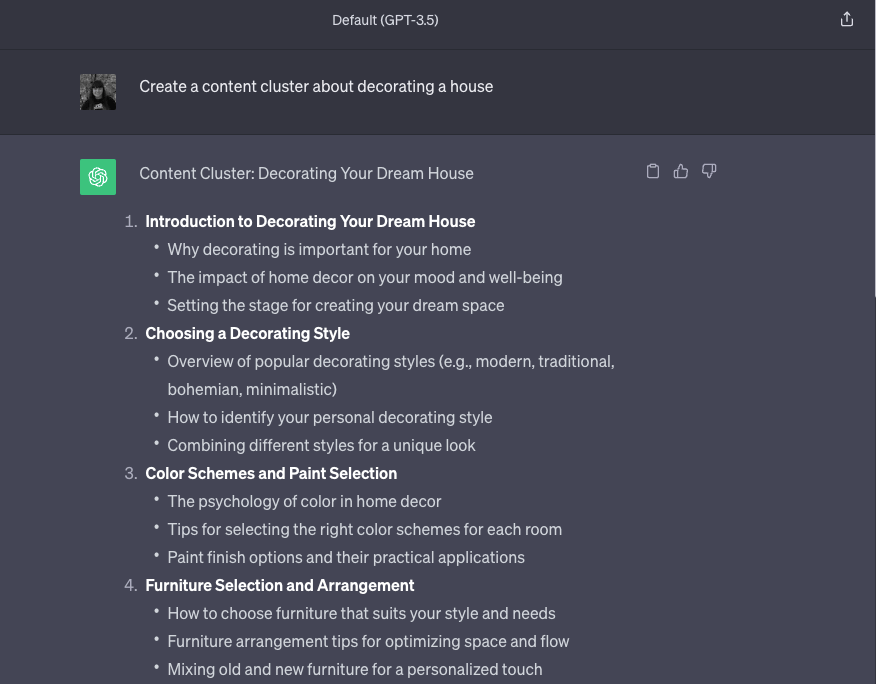 ChatGPT gerando um cluster de conteúdo sobre temas de decoração para casa