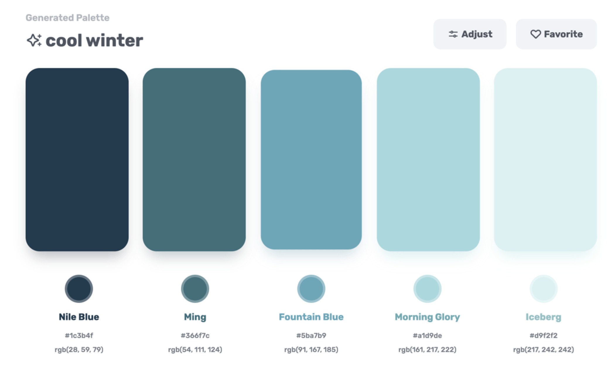 Paleta legal de inverno com cinco tons de azul: Nile Blue 1c3b4f, Ming 366f7c, Fountain Blue 5ba7b9, Morning Glory a1d9de, Iceberg d9f2f2
