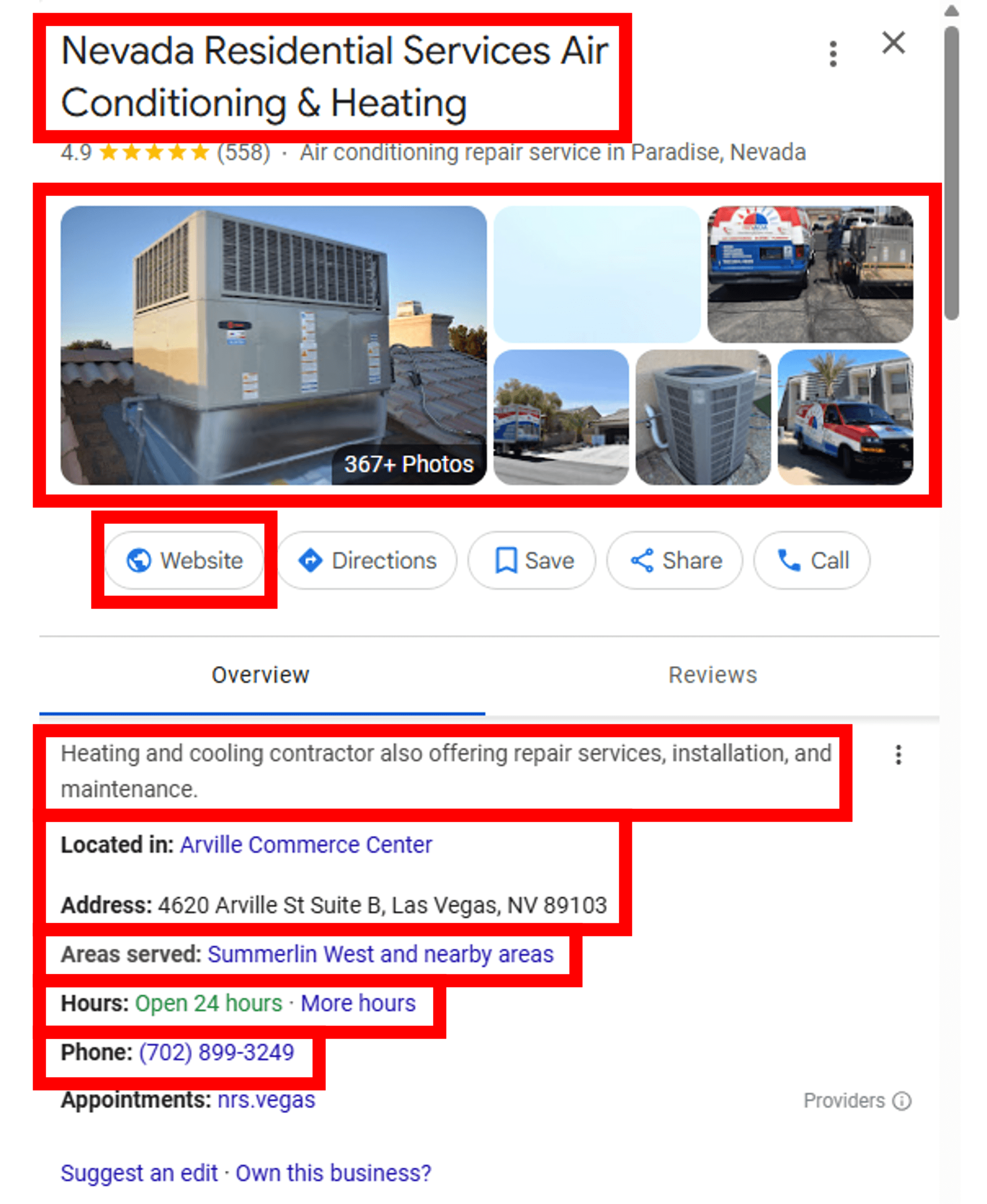 Listagem do Google Maps do contratante de HVAC de serviços residenciais de Nevada mostrando localização, informações de contato e áreas de serviço em Las Vegas