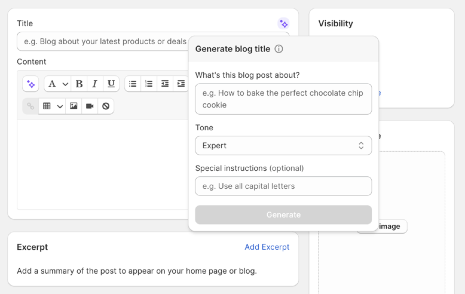 Interface da ferramenta de IA para gerar um título de blog com base no tópico da postagem, com 