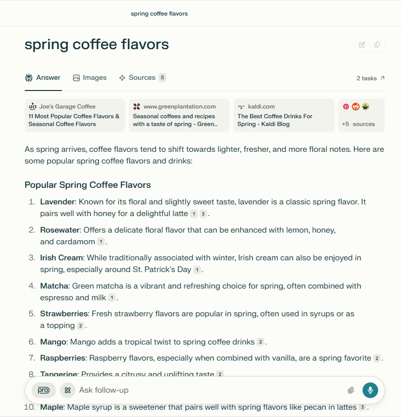 Página de resposta da Perplexity AI para 