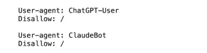 Rastreadores de IA bloqueados em um arquivo robots.txt.